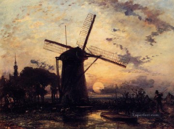 ヨハン・ジョンキント Painting - 日没の風車の船頭 ヨハン・バルトルト・ヨンカインド